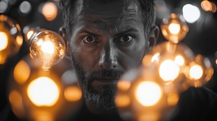 Portrait of a man surrounded by glowing lights, deep in thought.