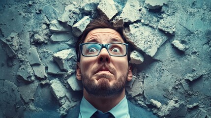 Portrait of a stressed businessman looking anxious and overwhelmed, isolated background.