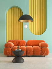 Memphis style conceptual dopamine interior room 3d illustration