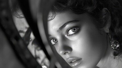 Portrait of a woman framed by a mirror, showcasing emotion and light in black and white.