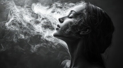 Portrait of a woman exhaling smoke, captured in a dramatic black and white style.