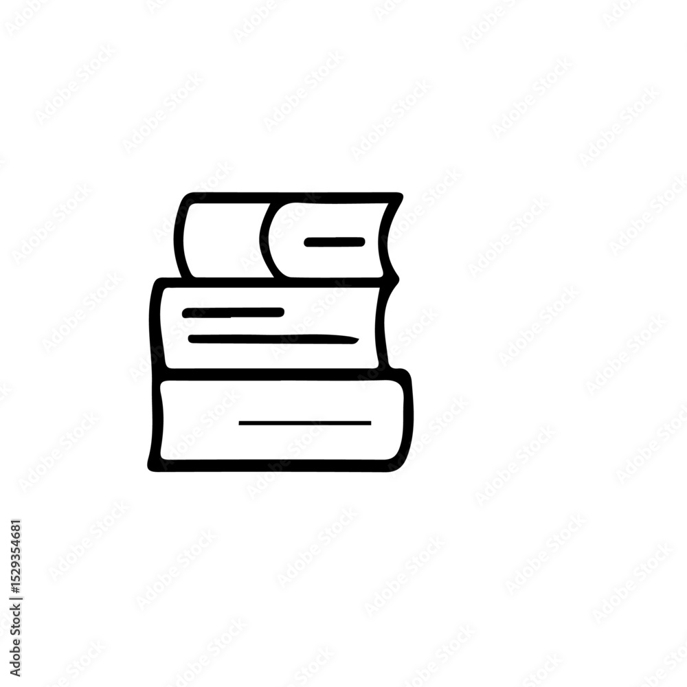 Poster a simple line drawing depicting a stack of three books with visible spines on a white background ill