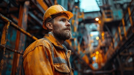Obraz premium A rugged worker stands pensively in an industrial environment, wearing a hard hat and safety gear, reflecting determination and the challenges of modern labor.