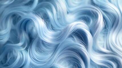 Close up of silky pastel blue wavy hair highlighting delicate flowing texture and soft pastel gradient