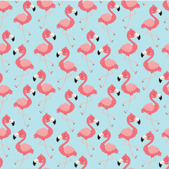 Seamless summer pattern with pink flamingos on a blue background. A cheerful and bright design perfect for textiles, packaging, wrapping, and decor.