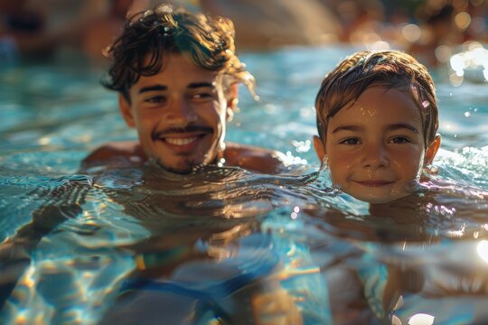 A joyful moment captures a father and son swimming together in a pool, reflecting happiness, connection, and the cherished memories created in family bonding experiences.