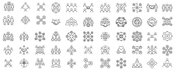 Big collection of icons about community connection, human cooperation, social interaction, networking, global unity, partnerships, and collective teamwork.