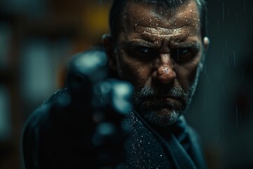 A powerful figure aiming a gun in a rain-soaked environment, portraying themes of aggression, intensity, and dramatic storytelling conveyed through striking visuals.