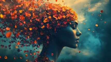 Profile of a woman with petals in place of hair, dreamy and artistic concept.