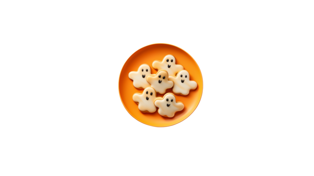 Six ghost shaped cookies with black eyes and mouths on an orange plate on black background isolated on transparent background