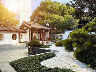 A Harmonious Blend of Traditional Architecture and Modern Skyscrapers in Urban Gardens