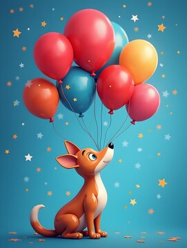 Red balloon animal dog illustration on blue background with sparkling stars art