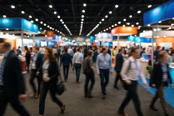 Expo Energy Dynamic Trade Show Floor with Attendees in Motion Blur Creating a Vibrant Atmosphere of Industry Engagement