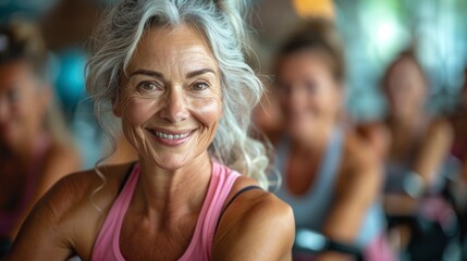 An energetic older woman beams with joy while participating in a fitness class, promoting an active lifestyle and the beauty of age with her engaging smile and healthy spirit.