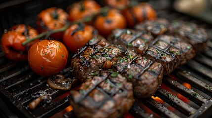 Grilled steak and juicy tomatoes sizzle on the barbecue, showcasing mouthwatering culinary delights that inspire and entice food lovers and cooking enthusiasts alike.