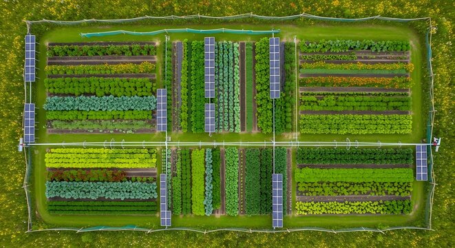Aerial view of a meticulously organized garden showcasing various rows of green plants. Surrounded by grass with yellow flowers, the rectangular plot features diverse shades of green.