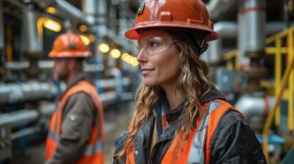 A determined woman in a hard hat and safety gear showcases confidence and professionalism at an industrial site, representing dedication and strength in her field.