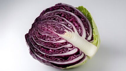 Fototapeta premium A professional studio-shot photograph of a halved purple and green cabbage, showing the intricate pa