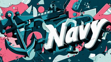 Colorful graphic illustration featuring the word Navy, with an anchor and ship elements, showcasing a vibrant design with abstract shapes and textures in a dynamic composition