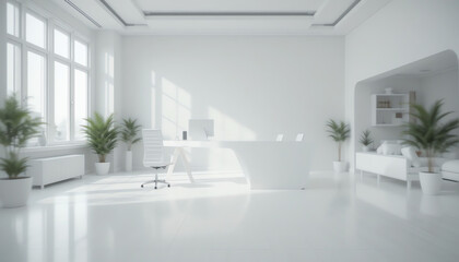 Minimalist all white office space with modern furniture and potted green plants