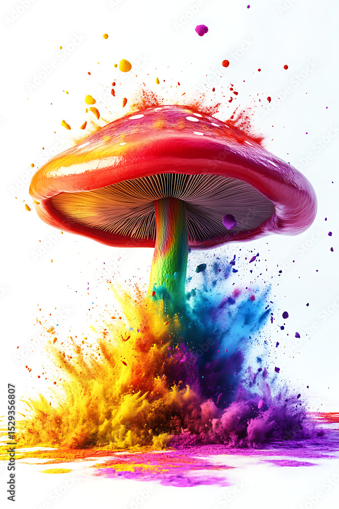 Poster vibrant mushroom erupting with a colorful explosion of paint, creating a surreal visual impact