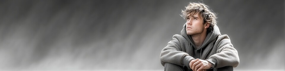 Fototapeta premium Pensive Young Man with Curly Hair Looking Away Calmly