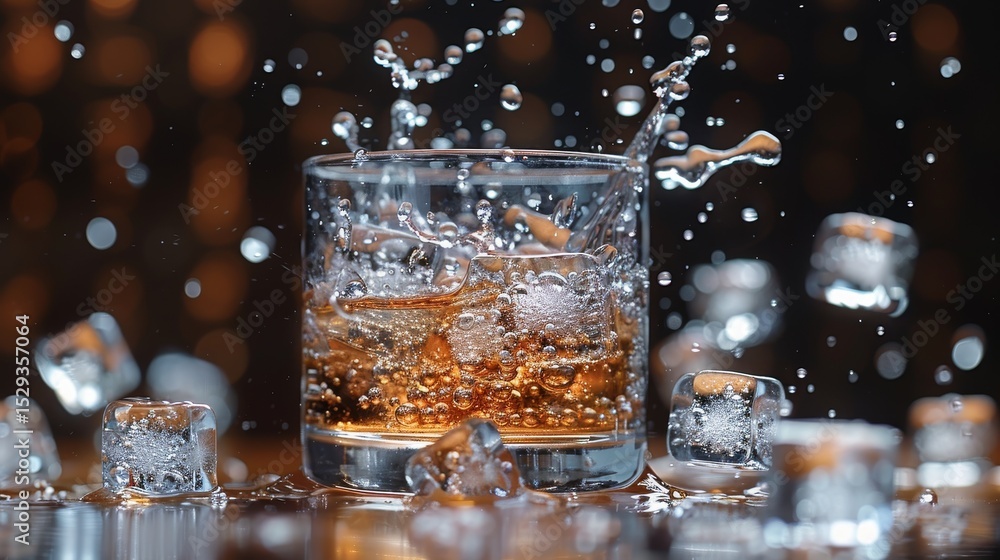 Poster a high-speed capture of a glass filled with a fizzy drink, ice cubes splashing and swirling around, 