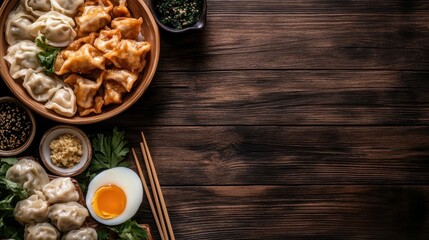 An appetizing array of dumplings presented with fresh ingredients in a rustic setting, illustrating a love for food and connection over shared meals.