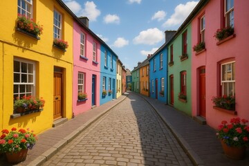 Fototapeta premium Irish Charm Picturesque Colorful Painted Houses Lining a Quaint Cobblestone Street in Kinsale Cork Ireland