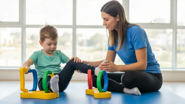 Physical therapist guiding child with cerebral palsy during playful therapy session