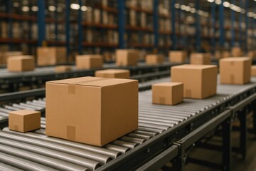 Logistics Hub Close-Up of Multiple Cardboard Boxes Moving Along an Automated Conveyor Belt in a Warehouse
