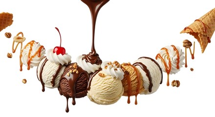 Ice Cream Sundae Ingredients Floating Dessert Food Photography isolated on white background 