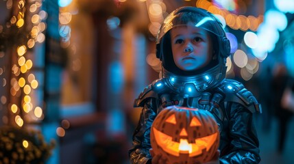 A child wearing a sleek spacesuit holds a glowing pumpkin, merging Halloween with themes of exploration and imagination, while lit by enchanting festival lights in the background.