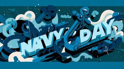 Colorful flat illustration celebrating Navy Day with bold typography, nautical elements, and dynamic waves, creating an energetic and festive atmosphere for maritime appreciation