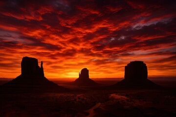 Monument Valley Sunset Majestic Red Sandstone Buttes and Mesas Silhouetted Against a Fiery Sky