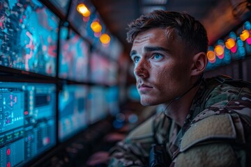 A young soldier attentively monitors screens filled with data and maps, showcasing dedication and focus in a high-tech military environment filled with responsibility.