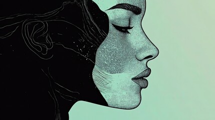 Artistic portrait illustration of a woman in profile with black and teal tones