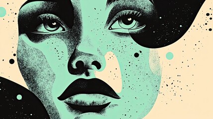 Portrait art of woman face with mint green and black abstract design elements