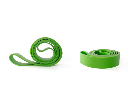 Resistance bands on white background used in physiotherapy stretching rehabilitation clinics sports science labs and senior fitness training programs,