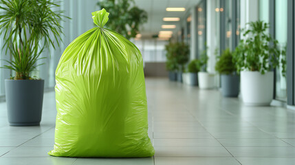 Green garbage bag tied and placed in clean modern hallway with potted plants, symbolizing waste management and environmental care in indoor setting