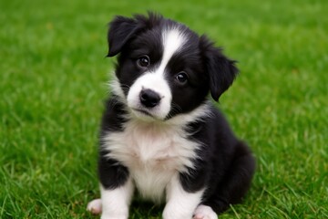 Playful Pup Adorable Black and White Border Collie Puppy Tilting Head Curiously on a Lush Green Lawn