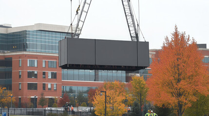 Obraz premium Large construction panel is being lifted by crane busy site surrounded by colorful autumn trees