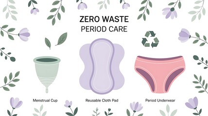 Zero waste period care options: menstrual cup, reusable cloth pads, and period underwear.