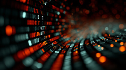 Binary code data stream with glowing orange and white digits in curved digital tunnel, representing technology and futuristic computer concept with depth and motion blur effect