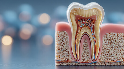 Tooth cross section with enamel, dentin, pulp, nerves, and blood vessels, showing detailed internal structure and surrounding gum tissue in medical