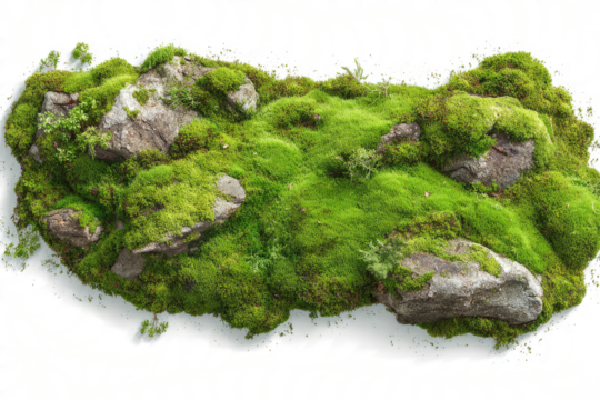 Green moss growing on a white background, flat lay, isolated on a transparent background