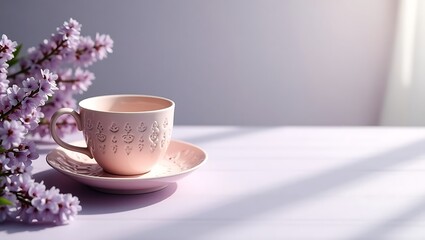 Aesthetic tea cup with flowers spring blossom pastel colors still life