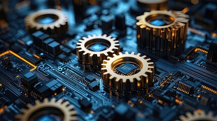 Circuit board technology gears and microchips for computer hardware engineering