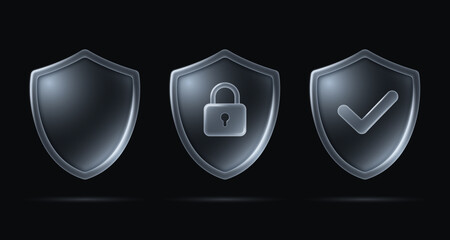 Security shield signs with lock and check mark, safety and protection symbols in glass liquid style isolated on dark background. Vector 3d illustration. © Максим