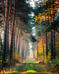 A tranquil forest path winds through tall pine trees, bathed in golden sunlight filtering through autumn foliage. Misty air and dappled light create a serene, mystical ambiance over lush undergrowth.